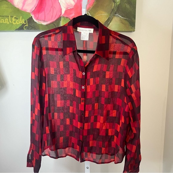 Jones Of New York Red Plaid Checkered Silk Blouse Size 14 - Picture 5 of 12